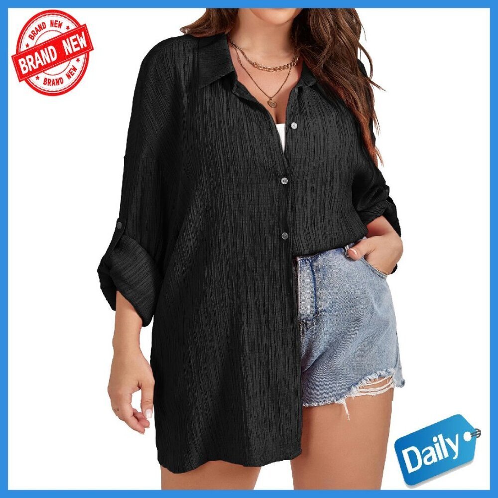 Plus Size Oversized Button Down Shirt Long Sleeve Textured Fabric